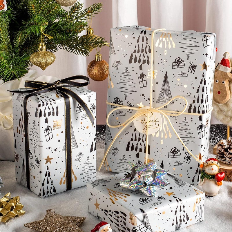 MAYPLUSS Christmas Gift Wrapping Paper - 17 Inch X 33 Feet - Minimalistic Elegant Christmas Tree Snowy Star with Metallic Foil Design Winter Holiday Gift Wrap Sheet for Party, Festive Decorations - Image 2